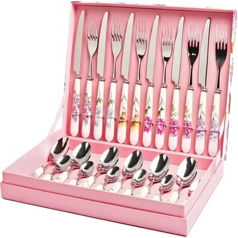 Dinnerware TwentyFourPiece CeramicHandled SilverwareSet With StainlessSteel Cutlery Knives