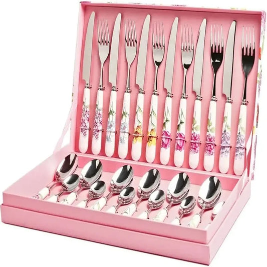 Dinnerware TwentyFourPiece CeramicHandled SilverwareSet With StainlessSteel Cutlery Knives