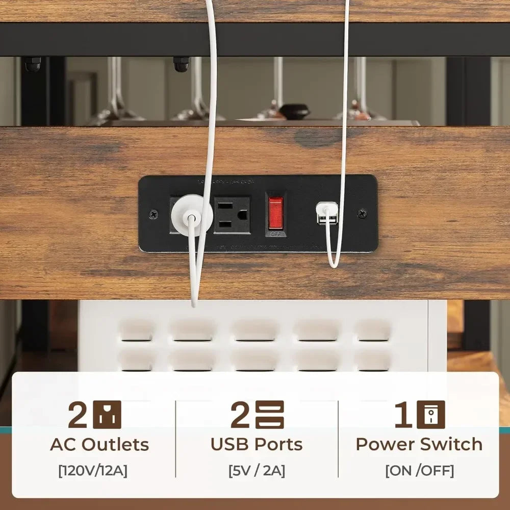 Itaar Bakers Rack with Power Outlet and LED Light, 45.3 Inch Farmhouse Coffee Bar Cabinet, Kitchen Microwave Stand with Storage