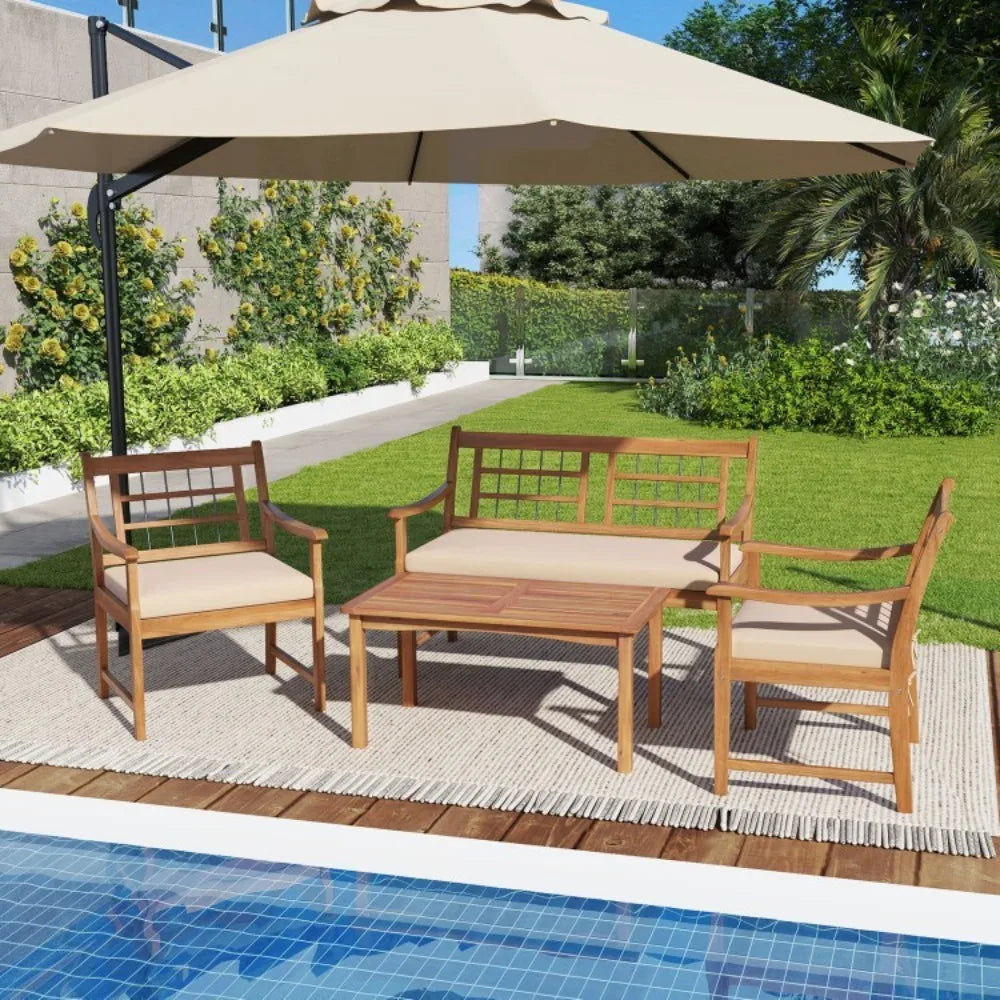 4 Piece Patio Wood Furniture Set With Cushions And Coffee Table