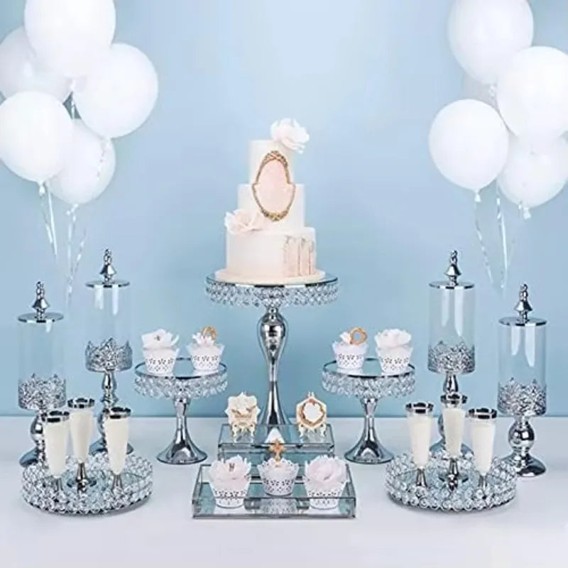 NEW Crystal Beaded Cake Stand Set of 11 Silver for Wedding Dessert Table Metal Cupcake Stand&Mirrored Top Pastry Candy Display