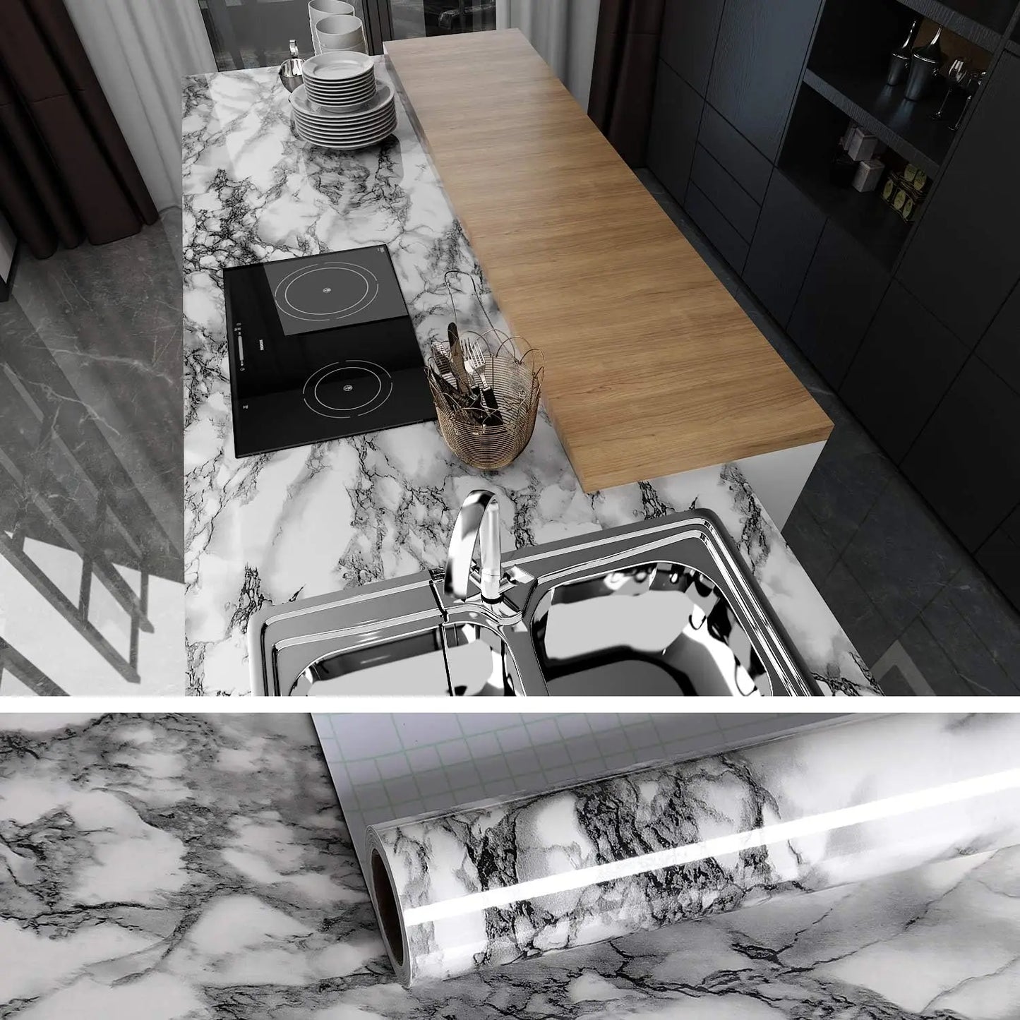 Self Adhesive Marble PVC Film Waterproof Oilproof Wallpaper For Countertops