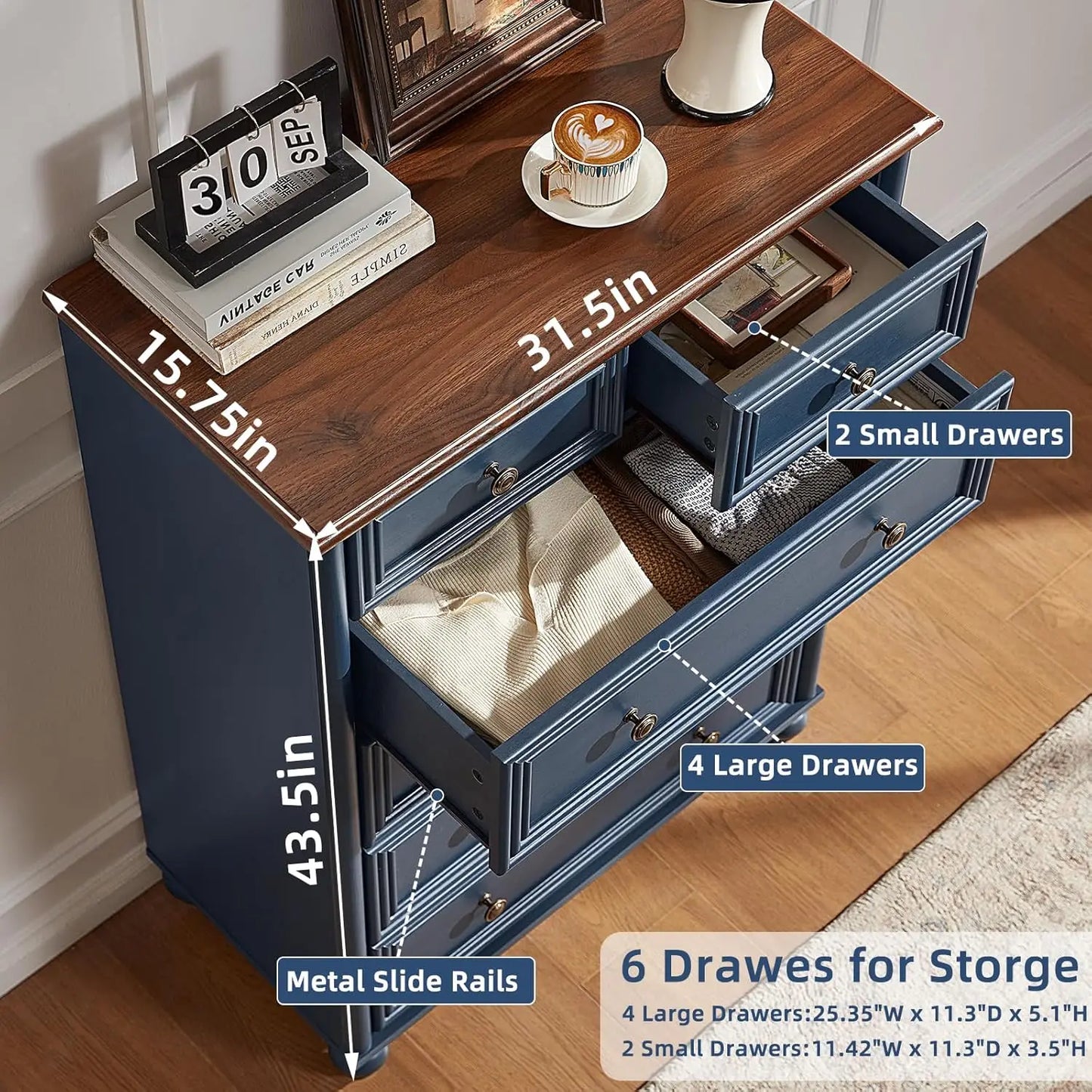 Farmhouse Dresser 6-Drawer Rustic Wood Chest With Metal Handles Bamboo Construction For Bedroom Storage