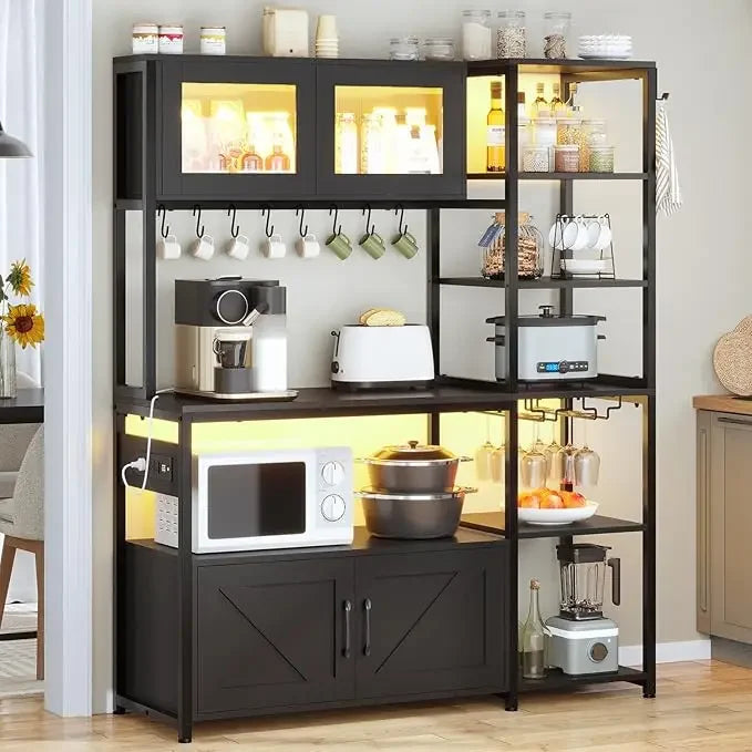 Itaar Bakers Rack with Power Outlet and LED Light, 45.3 Inch Farmhouse Coffee Bar Cabinet, Kitchen Microwave Stand with Storage