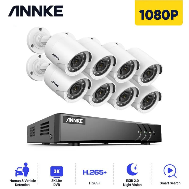 ANNKE 1080P H.265+ 8CH CCTV Camera DVR System 8pcs IP66 Waterproof 2.0MP Bullet Cameras Home Video Security CCTV Kit