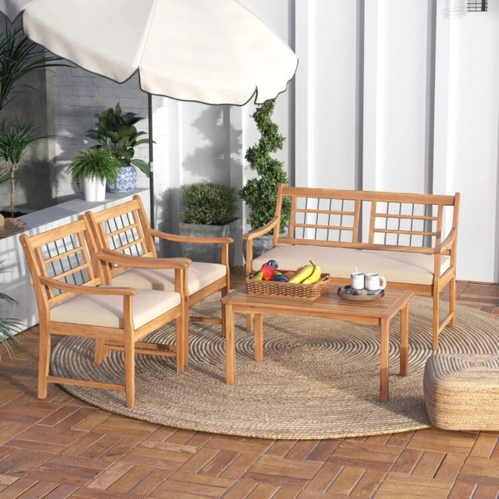 4 Piece Patio Wood Furniture Set With Cushions And Coffee Table