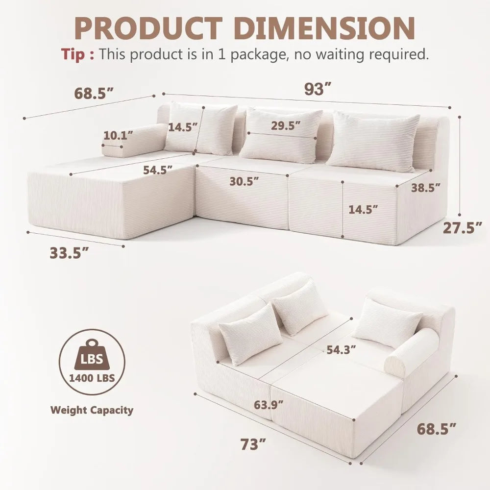 93" Sectional Couches for Living Room, Modular Sectional Sofa, Cloud Couch with L-Shape Chaise, Boneless Couches, Comfy Corduroy