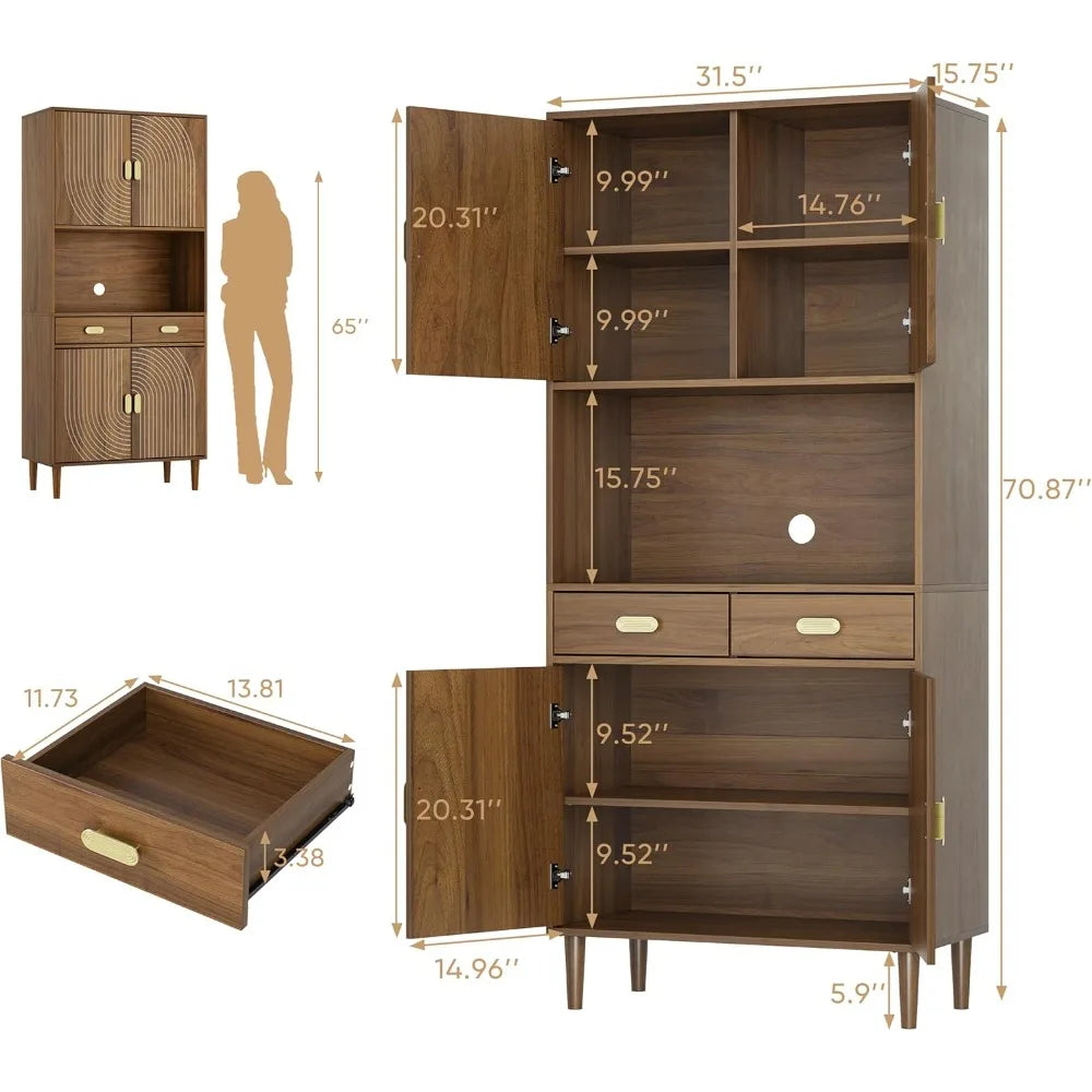 Kitchen Pantry Cabinet With Line Groove Design And Microwave Stand