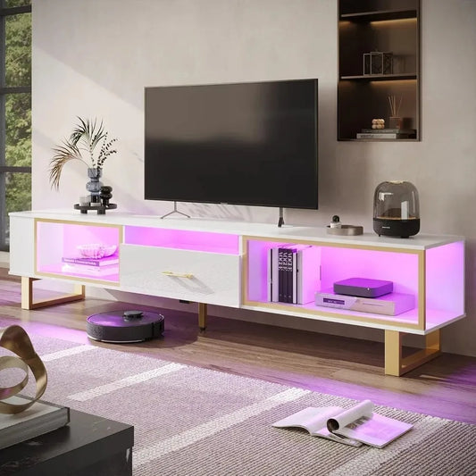 80 Inch TV Stand for 65/75/85/90 Inch TVs, Modern LED Entertainment Center for PS5 with Open Storage and Drawer, High Gloss Medi