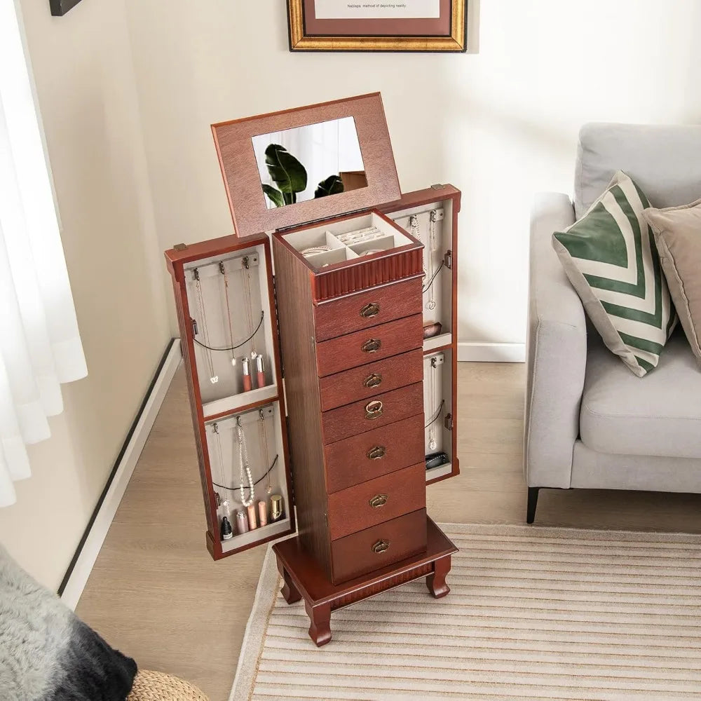 High Concerned Standing Jewelry Armoire Cabinet With 7 Drawers 2 Side Doors Makeup Mirror