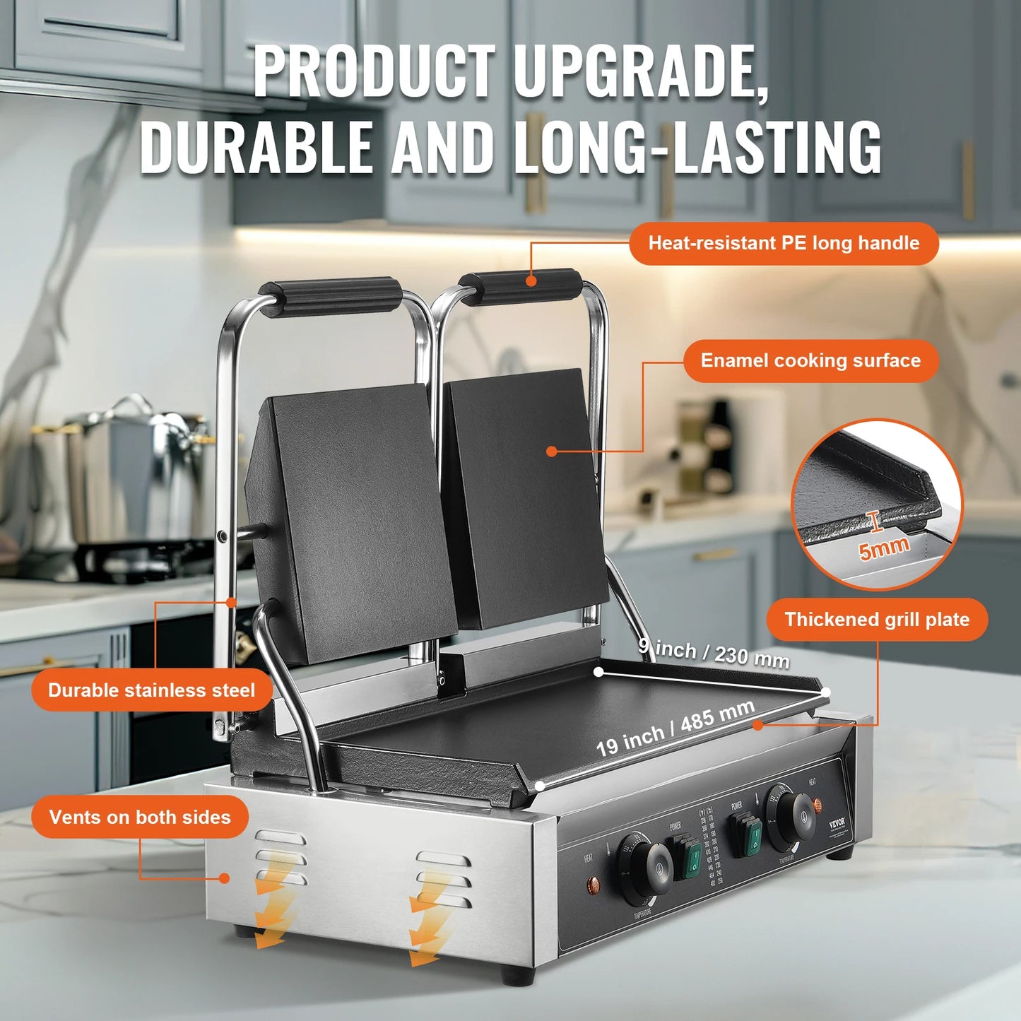 SucceBuy Commercial Panini Grill 3600W Electric Panini Maker Stainless Steel Double Sandwich Press Panini Grill w/ Temp Control