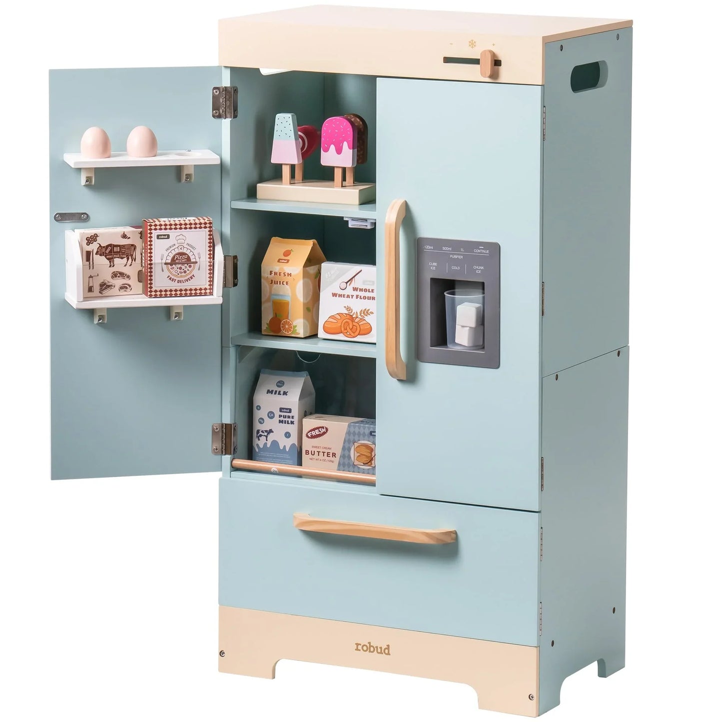 Robotime Robud Wooden Play Kitchen Refrigerator With Ice Dispenser Toy Set For Ages 3 Plus