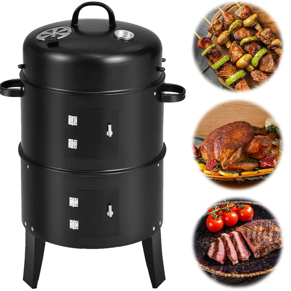 3 in 1 Vertical Charcoal BBQ Smoker Heavy Duty Round Smoking Grill Barbecue Smoker Barrel with Built-in Thermometer for Outdoor