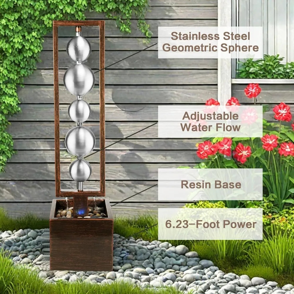 Outdoor Water Fountain with Pump, Relaxing Stainless Steel Geometric Sphere Freestanding Waterfall Fountains Modern Home Decor