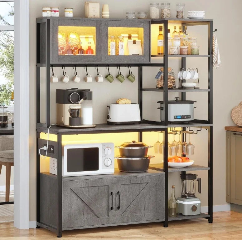 Itaar Bakers Rack with Power Outlet and LED Light, 45.3 Inch Farmhouse Coffee Bar Cabinet, Kitchen Microwave Stand with Storage