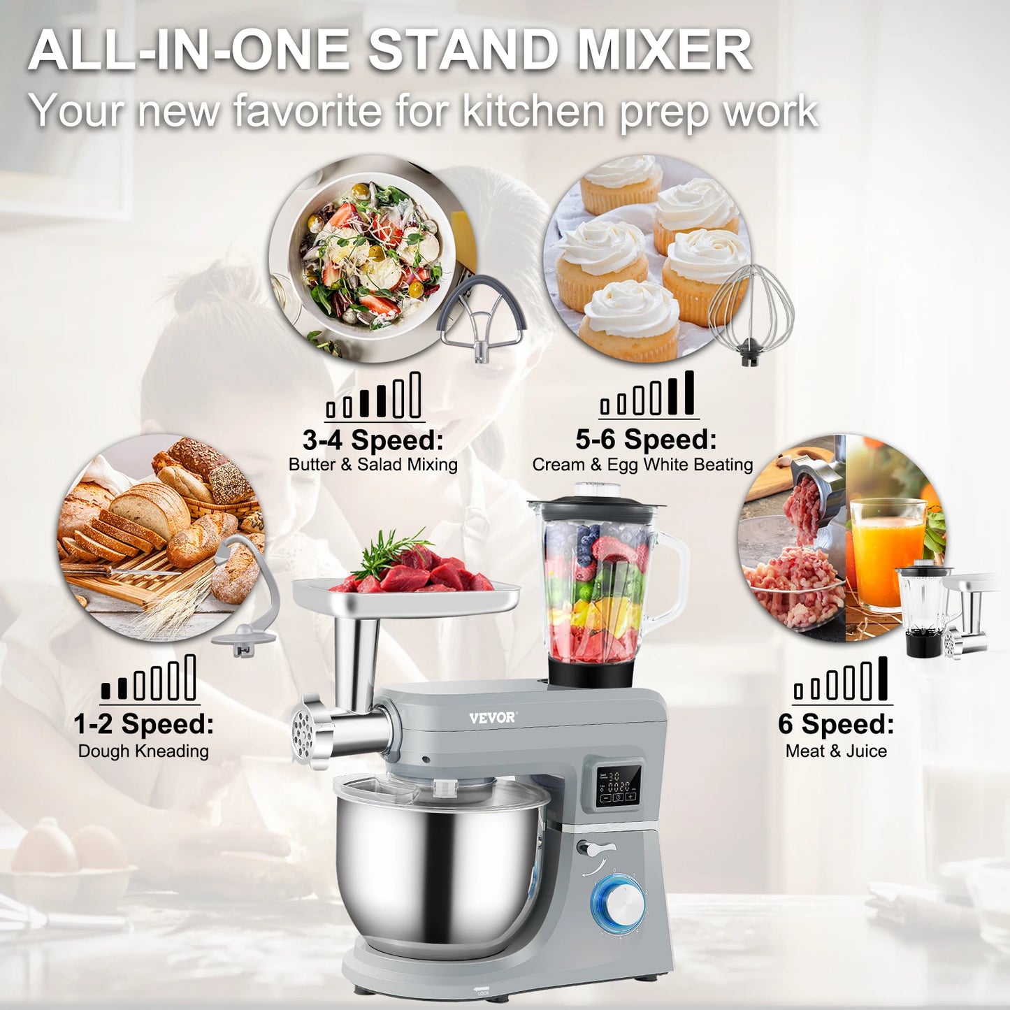 SucceBuy 5 IN 1 Stand Mixer Multifunctional Electric Mixer with 6 Speeds LCD Screen Timing 7.4 Qt Stainless Bowl Dough Hook