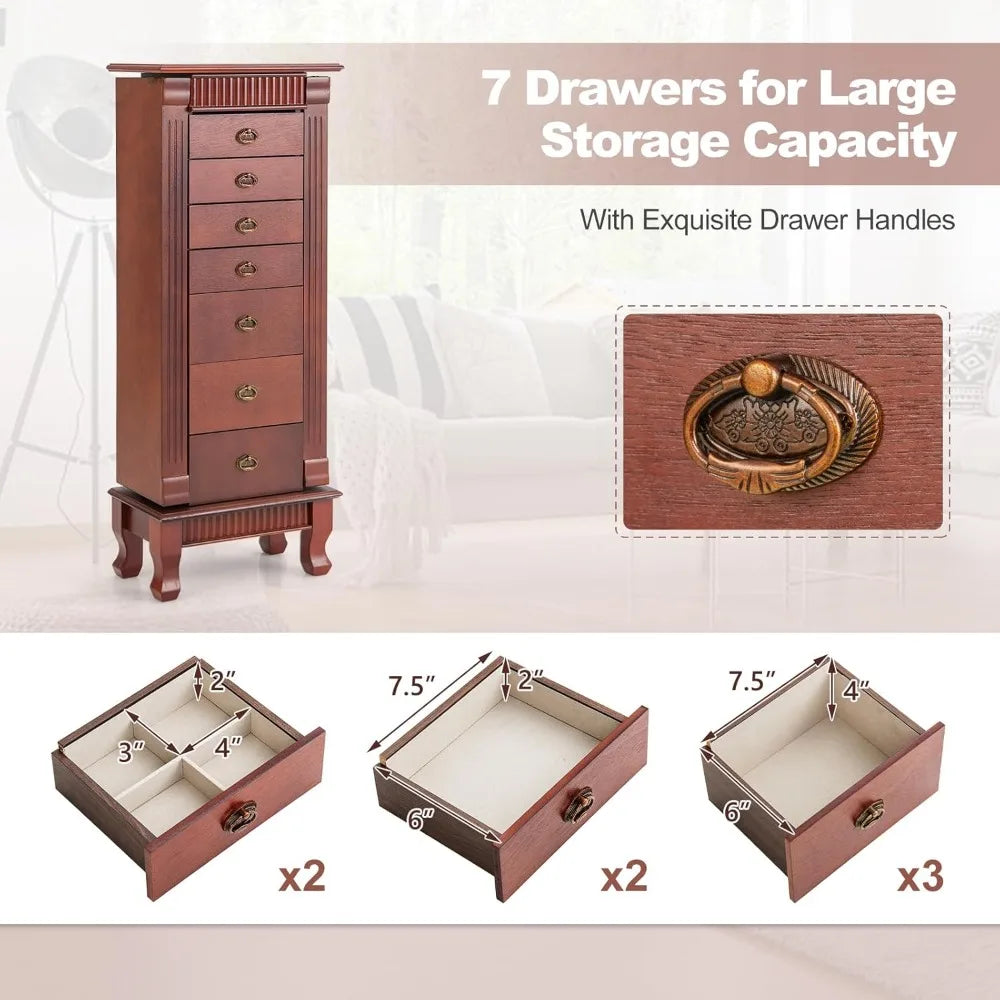 High Concerned Standing Jewelry Armoire Cabinet With 7 Drawers 2 Side Doors Makeup Mirror