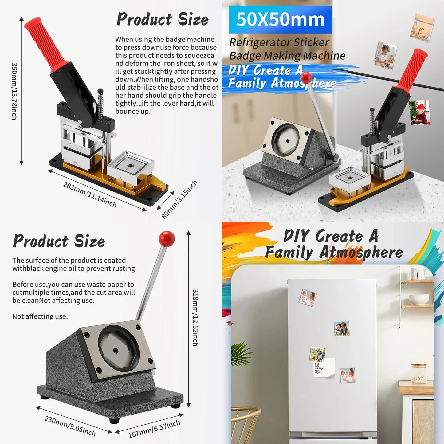 2*2" 2.5x2.5" Fridge Magnet Button Making Machine, 50*50mm Square Refrigerator Magnets Maker Machine+Cutter+100pcs Materials Set