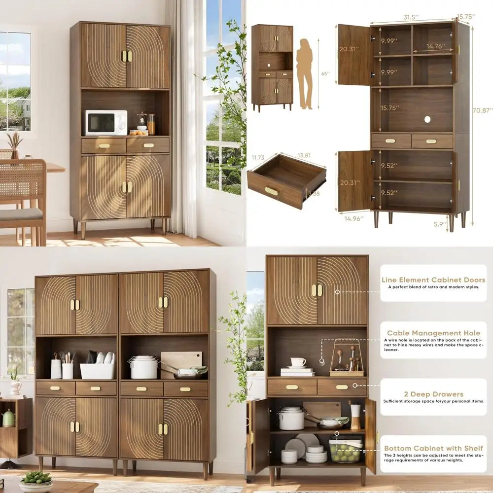 Kitchen Pantry Cabinet With Line Groove Design And Microwave Stand