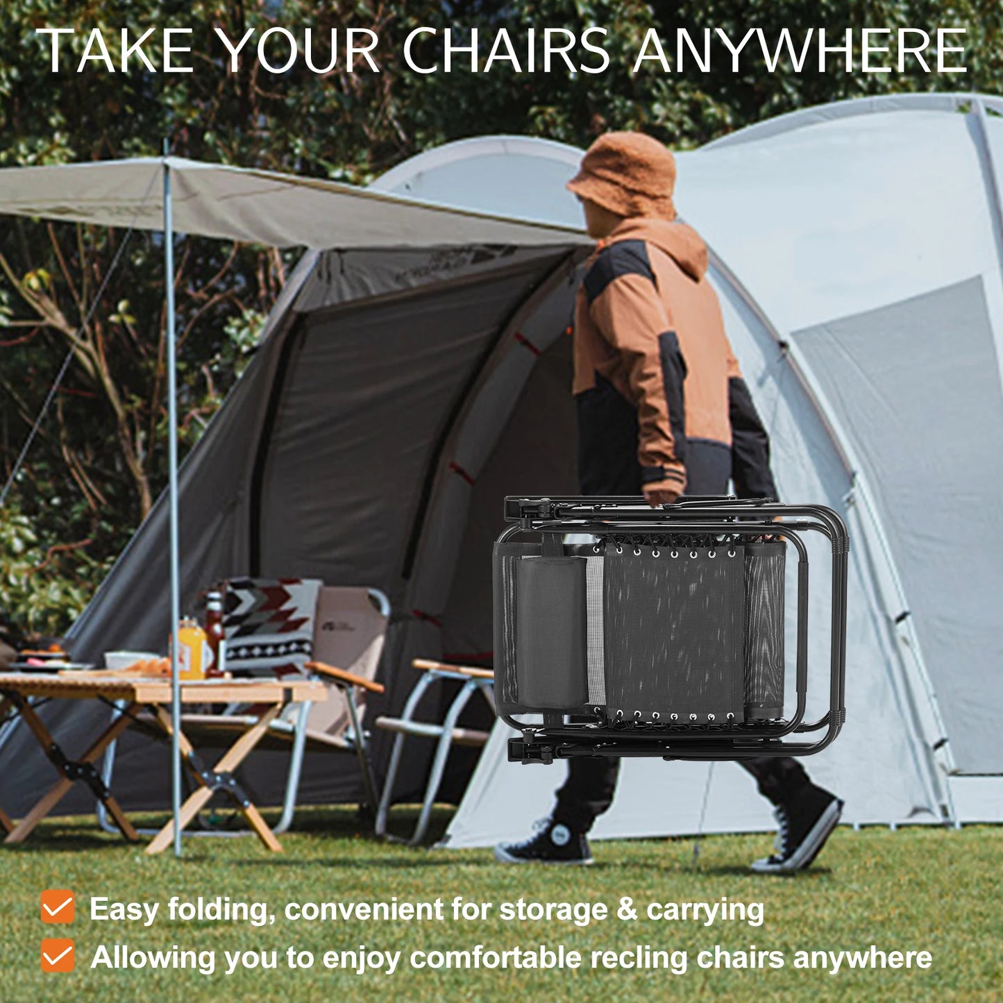 JHK Zero Gravity Recliner Set Of 2 Portable Outdoor Patio Lounge Chairs With Cup Holders