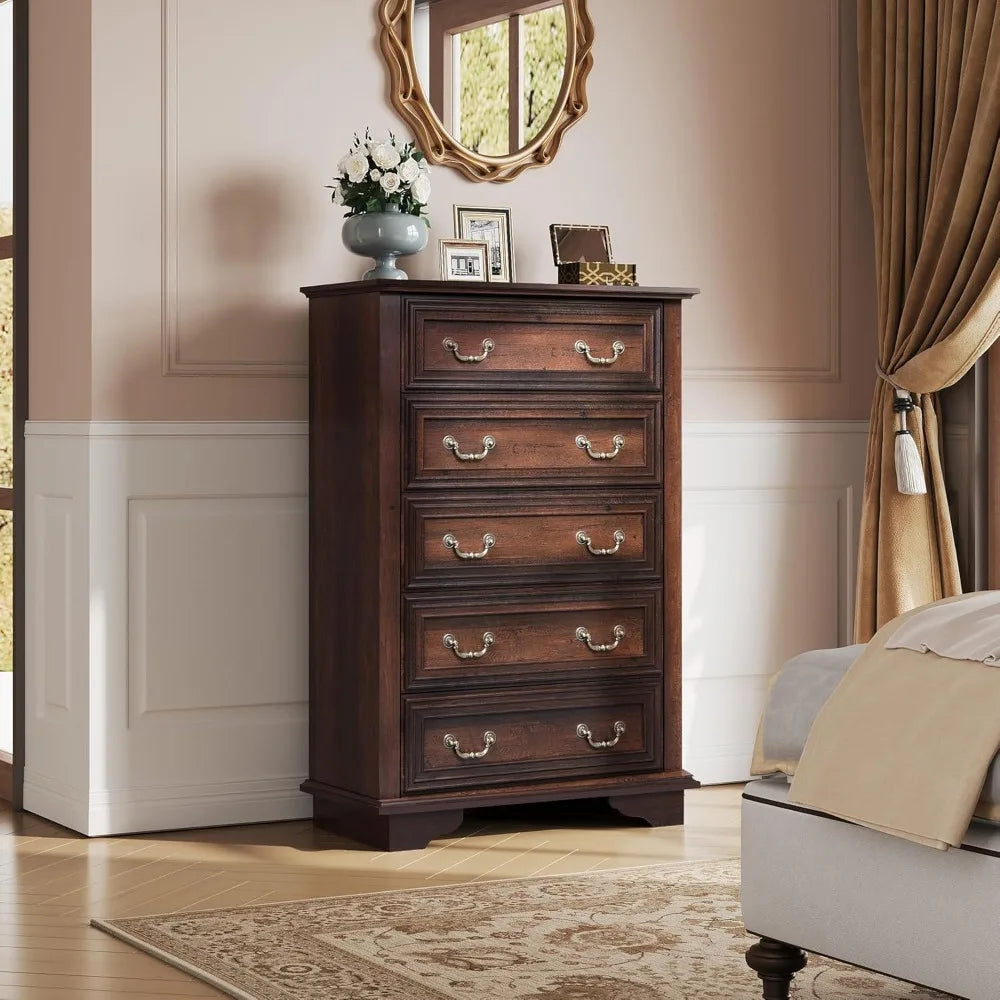 Farmhouse Dresser for Bedroom, Tall Wood Dresser with 5 Drawer, Chest of Drawers with Roman Metal Handle for Living Room