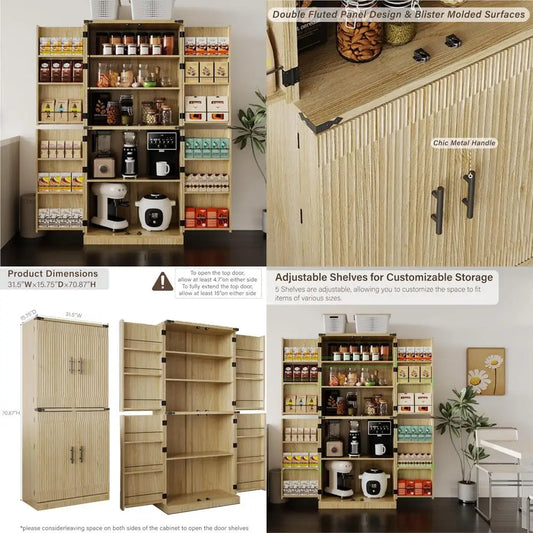 Adjustable Shelves Tall Flute Design Wood Pantry Cabinet with 12 Door Organizers and Double Carved Accents for Storage Solutions