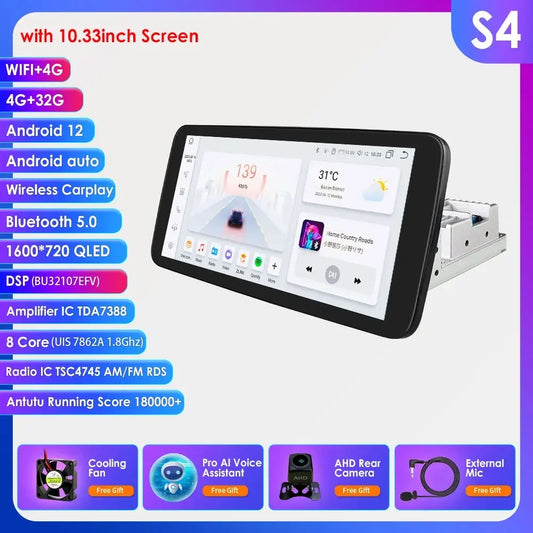 Hizpo 1 Din Car Radio Multimedia Player Detachable Panel 10.33" Wireless Carplay Android 360° Rotatable Universal Stereo GPS BT