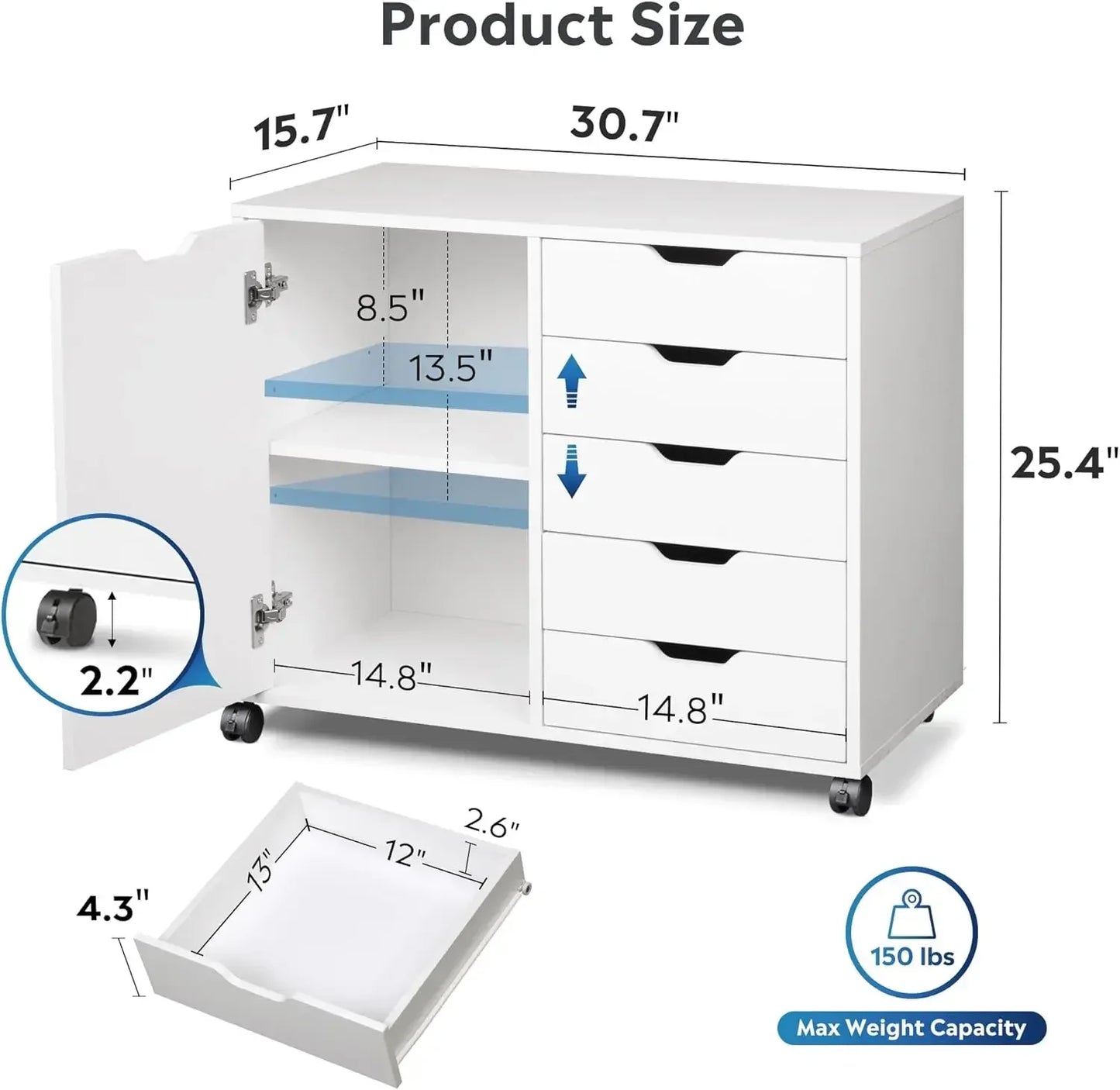 XMSJ 5-Drawer Dresser Chest With Door Mobile Storage Cabinet Printer Stand For Home Office