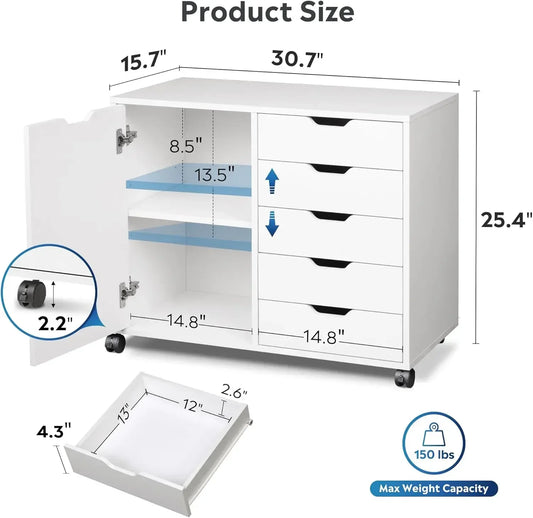 XMSJ 5-Drawer Dresser Chest With Door Mobile Storage Cabinet Printer Stand For Home Office
