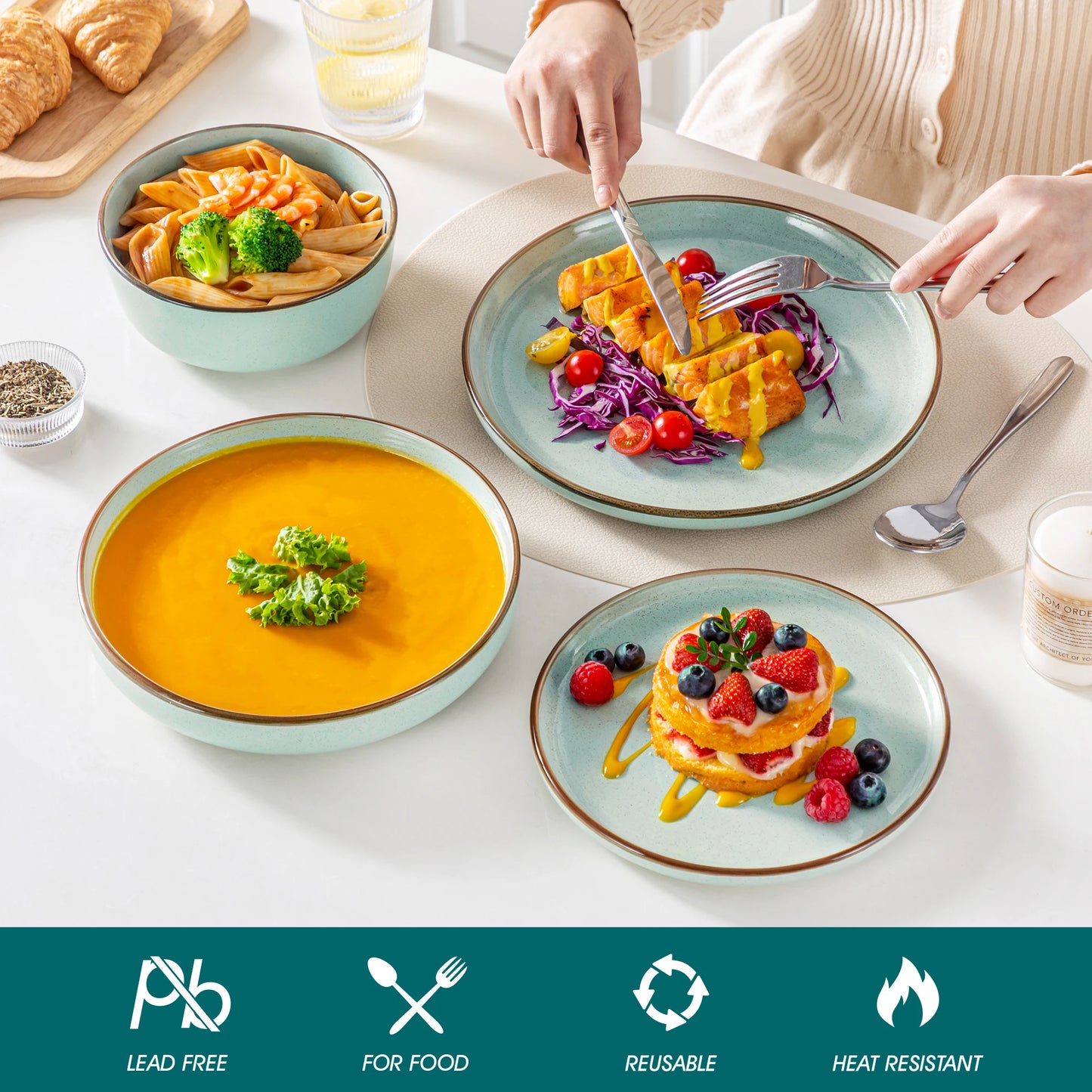 vancasso LOIRE 16/32 Piece Green Ceramic Dinnerware Set Oven Safe Stoneware Set with 4 PCS Dinner Plate/Dessert Plate/Soup/ Bowl