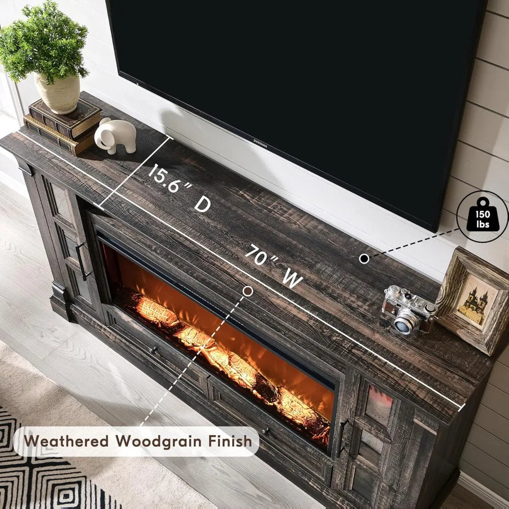 OKD TV Stand With Electric Fireplace Farmhouse Entertainment Center Glass TV Console