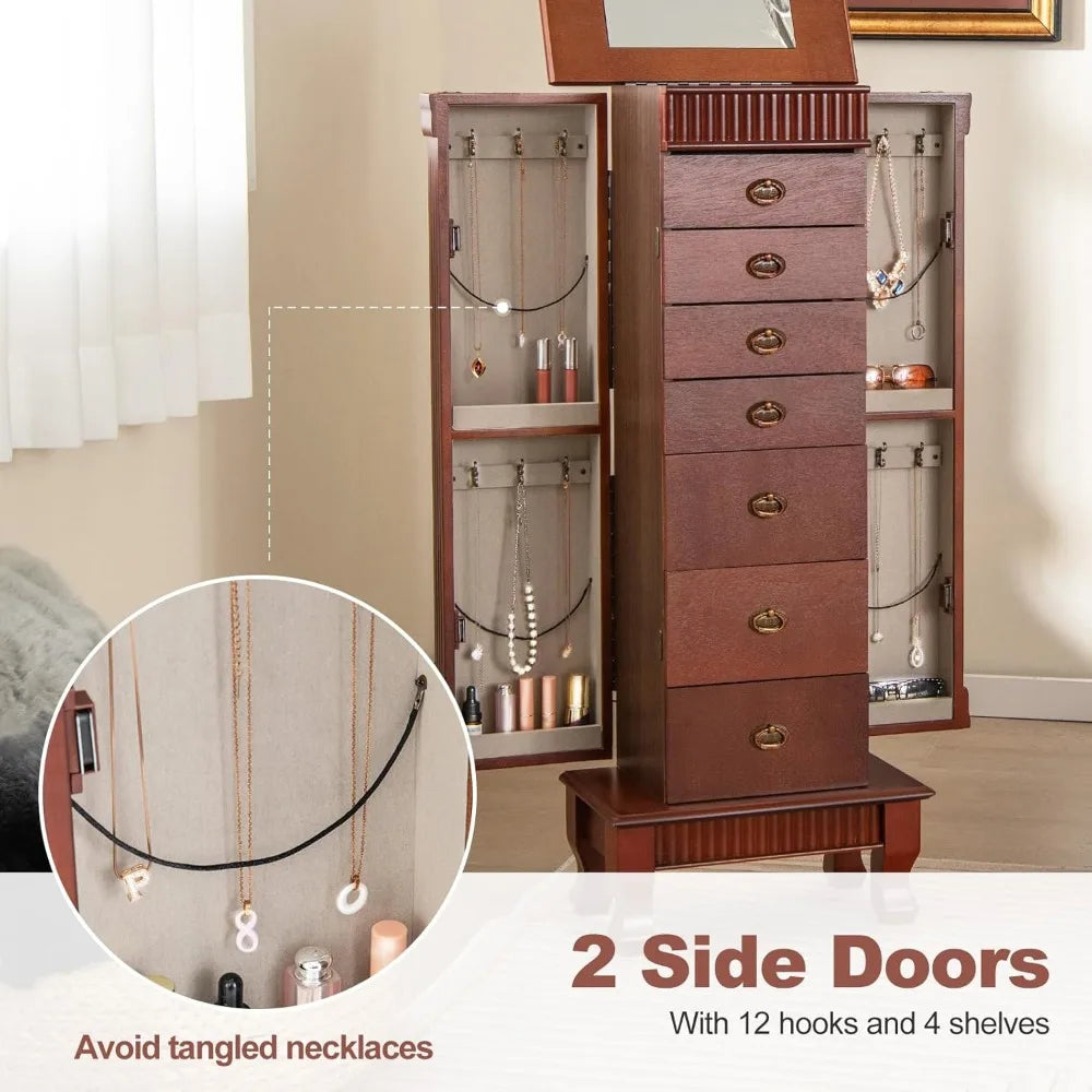 High Concerned Standing Jewelry Armoire Cabinet With 7 Drawers 2 Side Doors Makeup Mirror