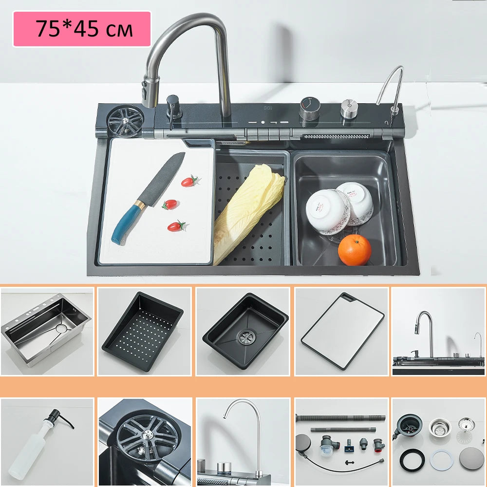 Quyanre 304 Stainless Steel Kitchen Sink Double Waterfall Faucet Set