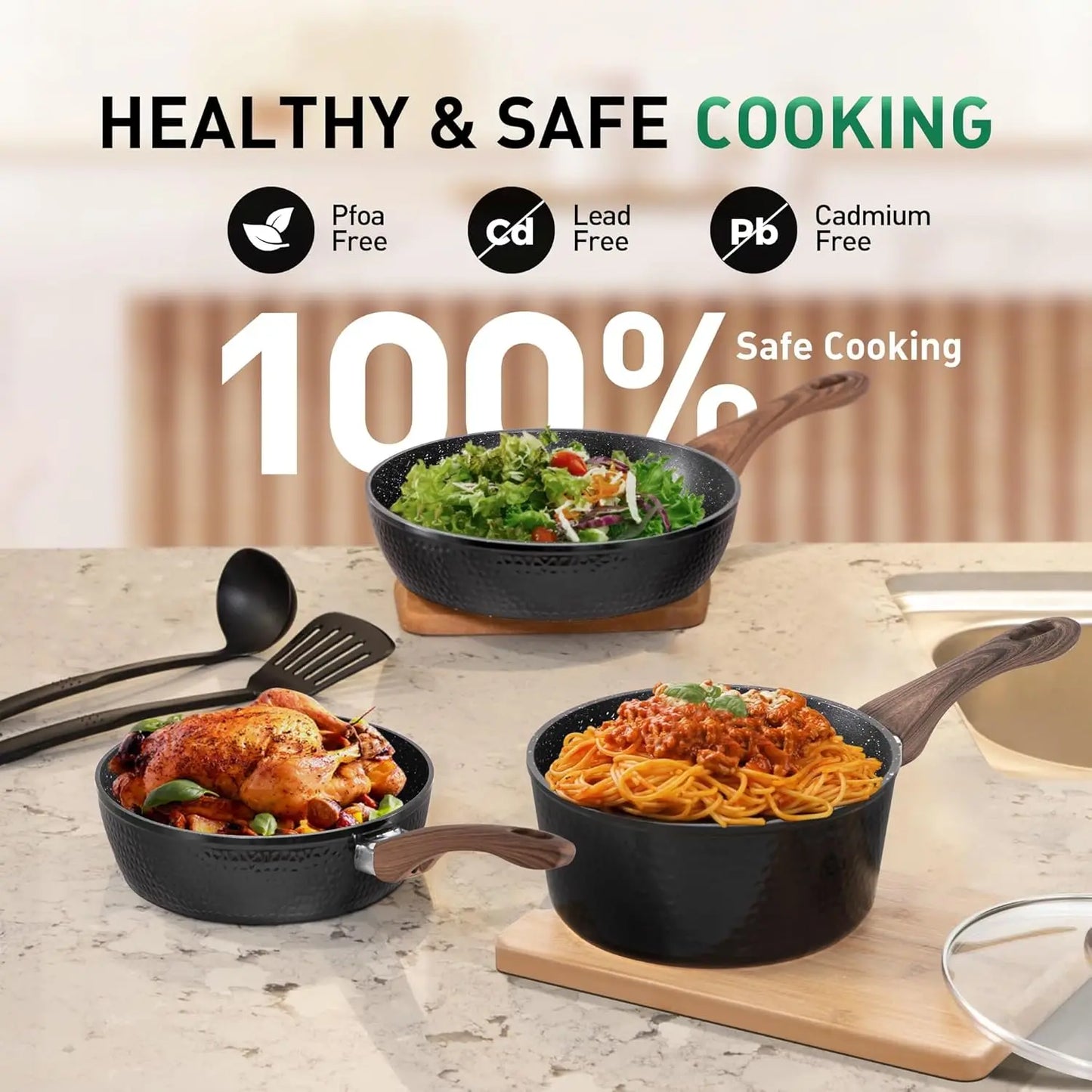 Pots And Pans Set Nonstick 15 Pcs Hammered Granite Induction