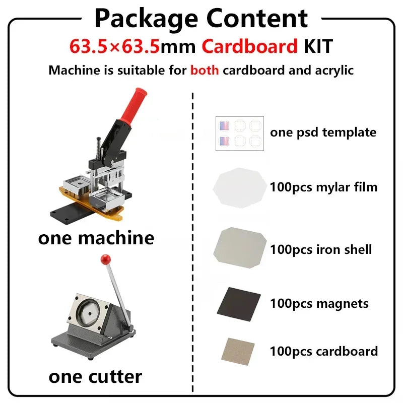 2*2" 2.5x2.5" Fridge Magnet Button Making Machine, 50*50mm Square Refrigerator Magnets Maker Machine+Cutter+100pcs Materials Set