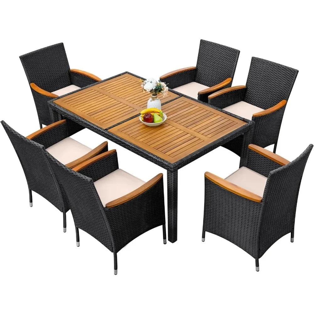 7 Piece Outdoor Patio Dining Set With Table And Rattan Chairs Cushions
