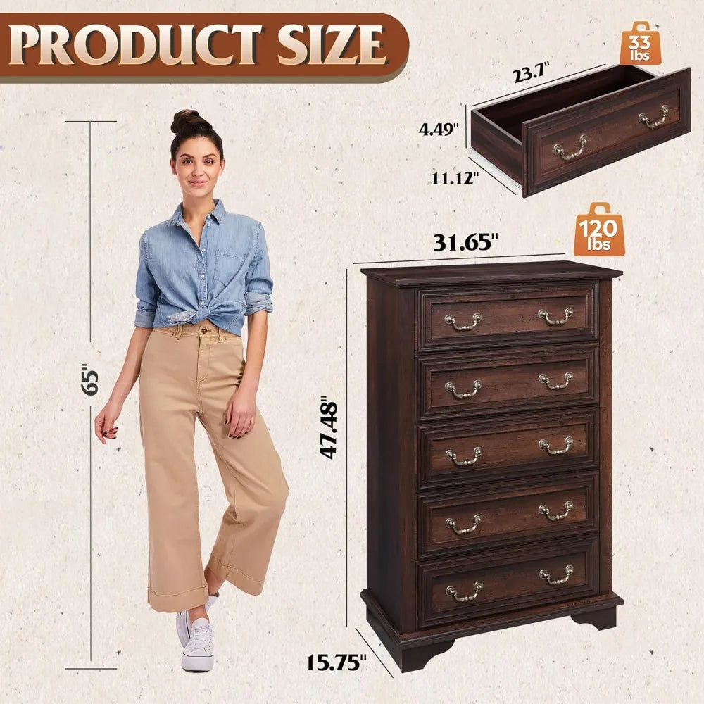 Farmhouse Dresser for Bedroom, Tall Wood Dresser with 5 Drawer, Chest of Drawers with Roman Metal Handle for Living Room