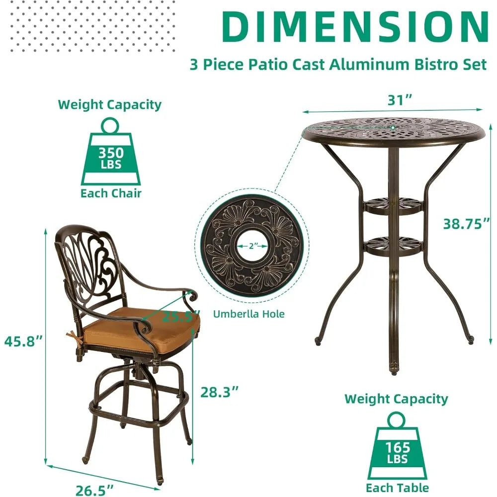 DAFIFY 3-Piece Patio Swivel Bar Stool Set All-Weather Aluminum Furniture