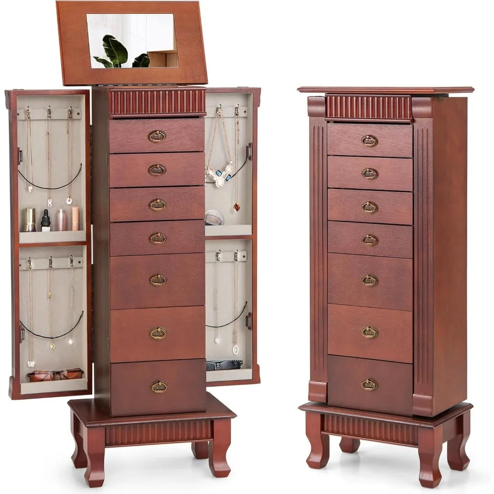 High Concerned Standing Jewelry Armoire Cabinet With 7 Drawers 2 Side Doors Makeup Mirror