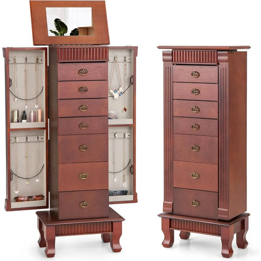 High Concerned Standing Jewelry Armoire Cabinet With 7 Drawers 2 Side Doors Makeup Mirror