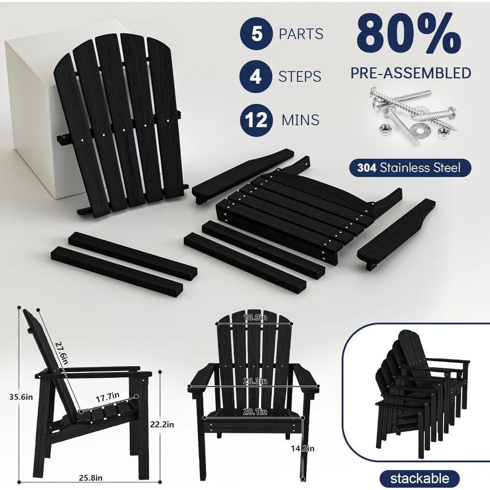 Compact Stackable Adirondack Chairs Set of 4, 26.3" Wide HDPE Outdoor Patio Chairs - Durable, Space-Saving Design for Porch