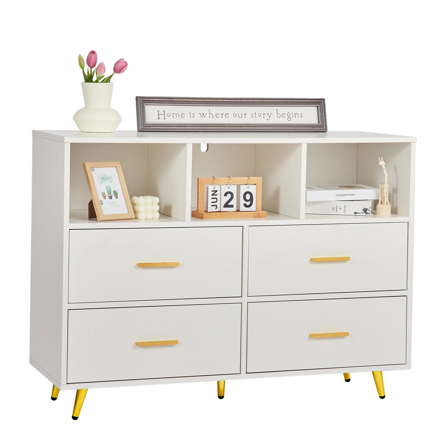 REDLIFE 4 Drawer Dresser for Bedroom Wood Furniture TV Stand w/ 3 Open Sheleves for Storage Closet & Living Room & Console Table