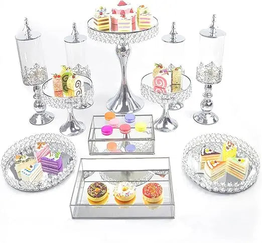 NEW Crystal Beaded Cake Stand Set of 11 Silver for Wedding Dessert Table Metal Cupcake Stand&Mirrored Top Pastry Candy Display