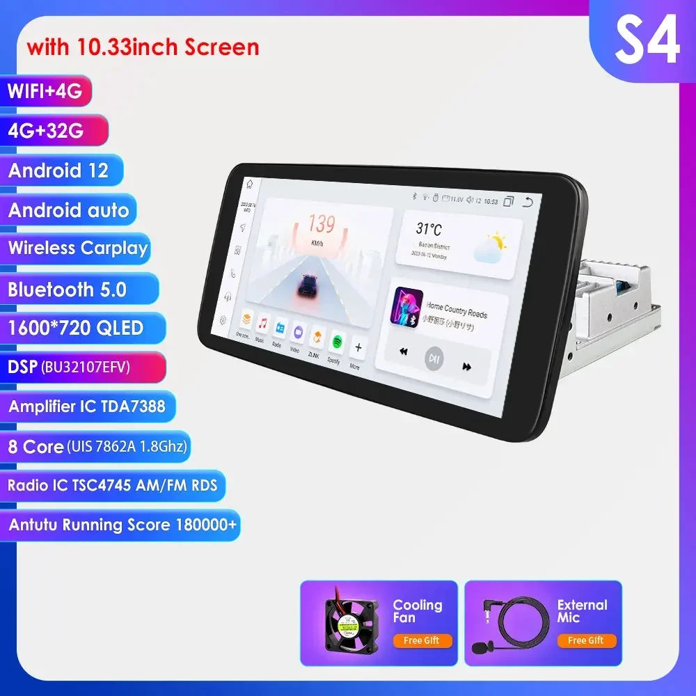 Hizpo 1 Din Car Radio Multimedia Player Detachable Panel 10.33" Wireless Carplay Android 360° Rotatable Universal Stereo GPS BT