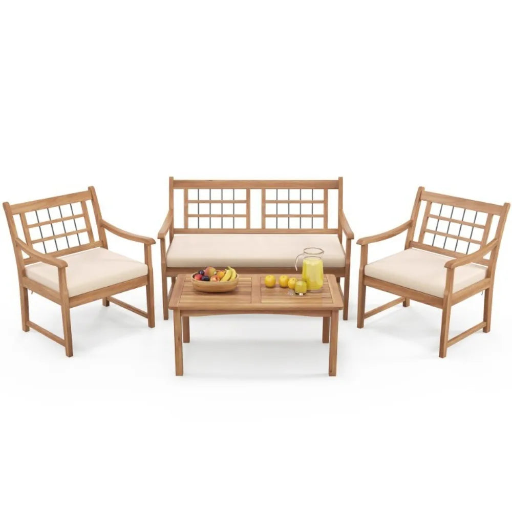 4 Piece Patio Wood Furniture Set With Cushions And Coffee Table