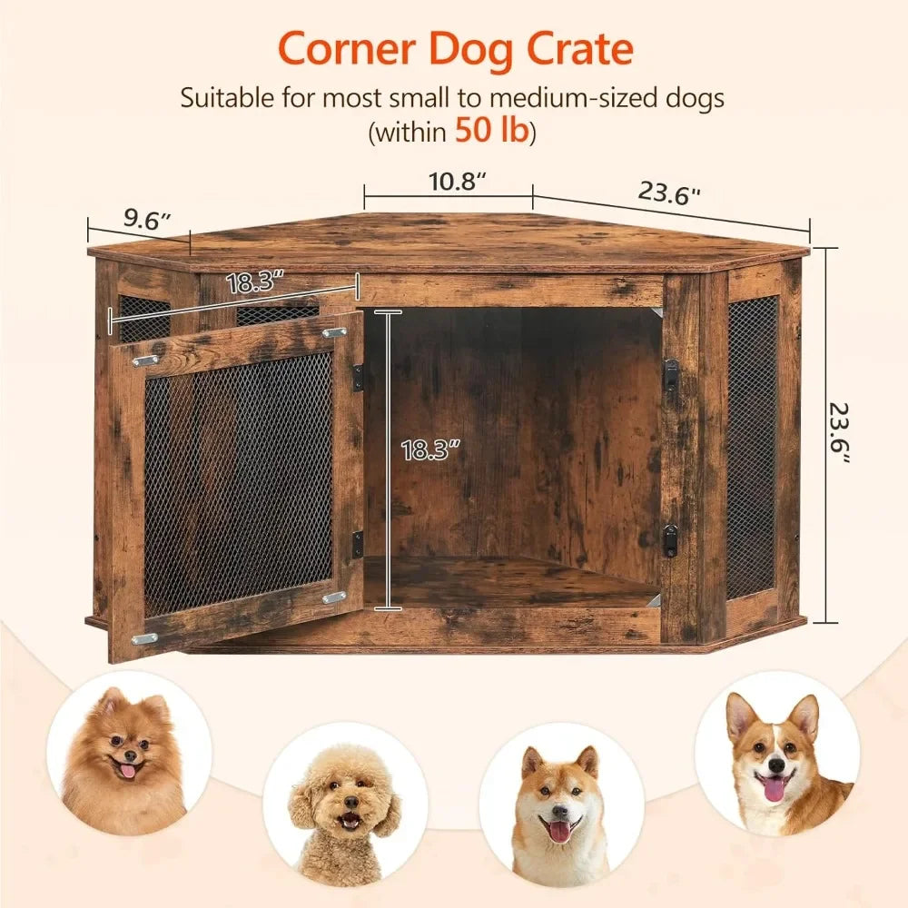Corner Dog Crate Furniture, Wooden Dogs Kennel End Table, Decorative Pet Crate Indoor Use, Furniture Style Dogs House