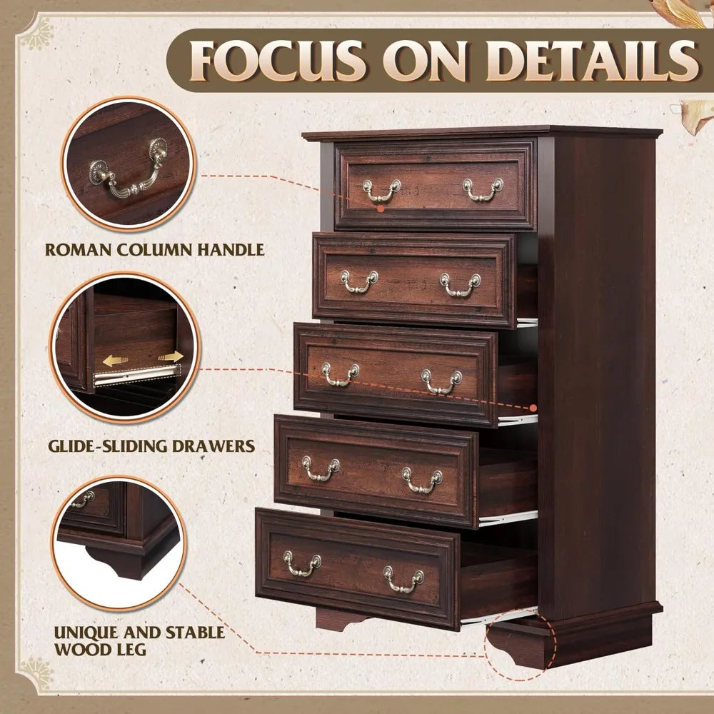 Farmhouse Dresser for Bedroom, Tall Wood Dresser with 5 Drawer, Chest of Drawers with Roman Metal Handle for Living Room