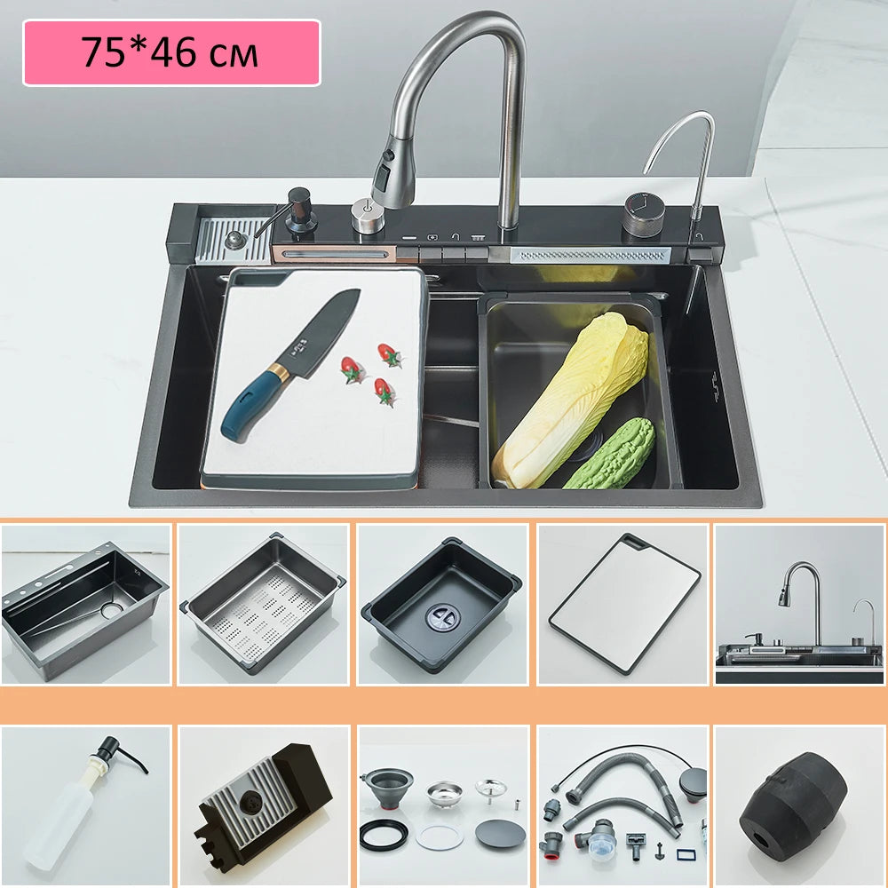 Quyanre 304 Stainless Steel Kitchen Sink Double Waterfall Faucet Set
