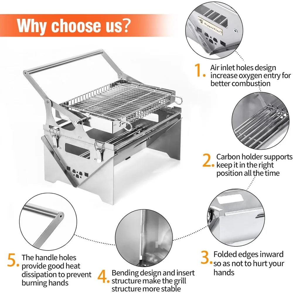 Portable Stainless Steel Rotating BBQ Grill for Outdoor Camping and Detachable Charcoal Grilling