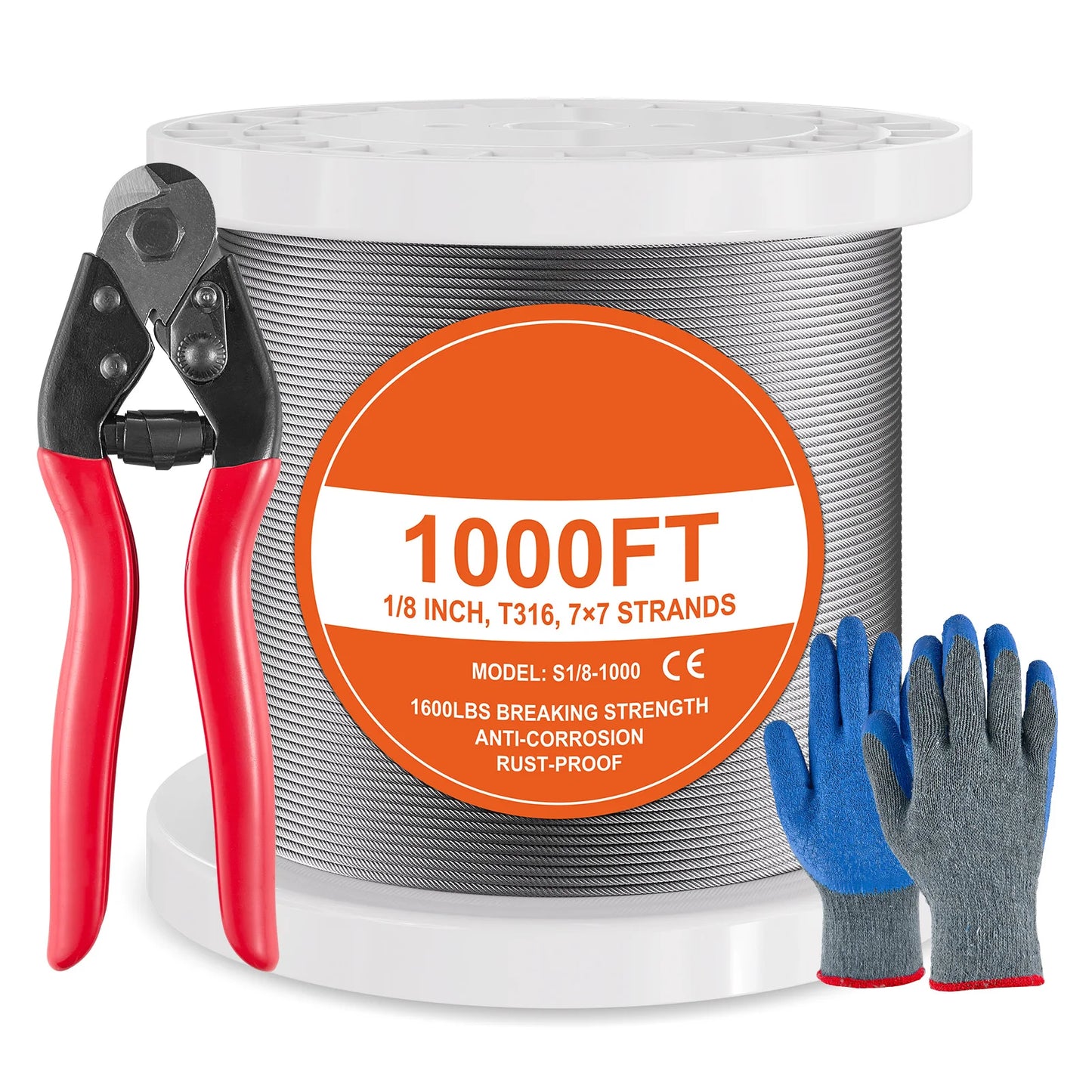 SucceBuy 600/1000ft 1/8" 7x7 Strands Wire Rope Kit with Cutter & Gloves 316 Stainless Steel Cable for Handrail Decking Fence